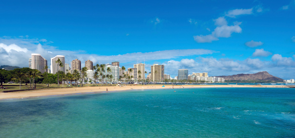 Ala Moana Beach Park on a nice day with Waikiki and Diamond Head in the distance on Oahu.