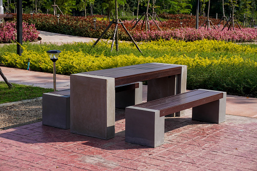 Concrete table and chair at outdoor park.