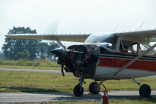 Small propeller airplane at an air show. Selective focus