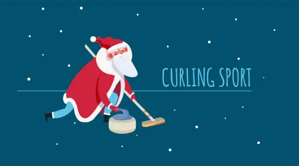Vector illustration of Santa Claus plays curling isolated illustration. Cartoon Santa Claus pushes a stone towards a target.