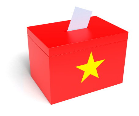 Front view of transparent ballot box with Chinese flag and votes inside on white background, 3d render