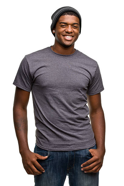 retrato de feliz sonriente joven hombre - gray shirt fotografías e imágenes de stock