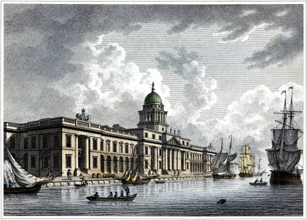 istock Custom House on the Thames, London, England, 1817 (Engraved illustration) 184648443