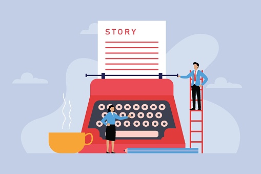 Vintage typewriter with people write a story 2d vector illustration