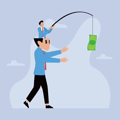 Business motivation. Boss holding dollar fishing rod 2d vector illustration