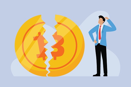 Businessman standing next to cut in half bitcoin - bitcoin halving event 2d illustration vector concept