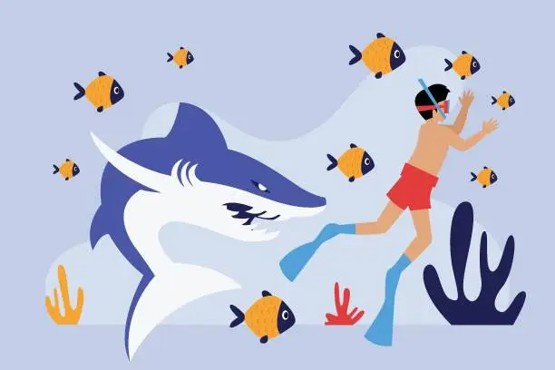 Vector illustration of Shark character attacking a male character diving in the ocean