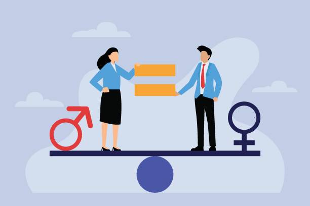 Man and woman with symbol on the scales feeling equal discrimination Man and woman with symbol on the scales feeling equal discrimination 2d vector illustration concept gender equality at work stock illustrations