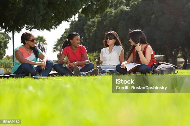 Grupo De Estudantes Sentado No Campus Relva - Fotografias de stock e mais imagens de 18-19 Anos - 18-19 Anos, 20-24 Anos, Adolescente