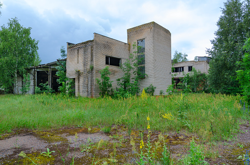Abandoned feed mill near resettled village of Dronki in exclusion zone of Chernobyl nuclear power plant, Gomel region, Belarus