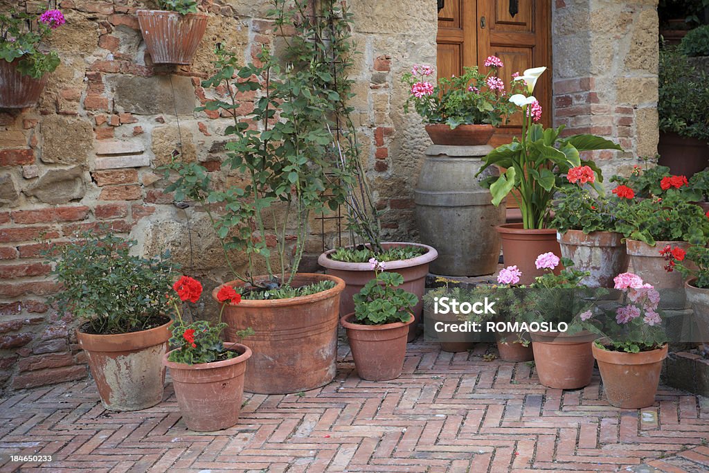 Flowerpots in un villaggio. Val d''Orcia- Toscana, Italia - Foto stock royalty-free di Collezione