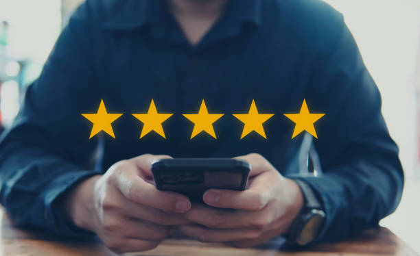 istock Customer review good rating concept, hand pressing user and five star icon on visual screen for positive customer feedback, testimonial and testimony, user comment and feedback for review. Testimonial 1846502458