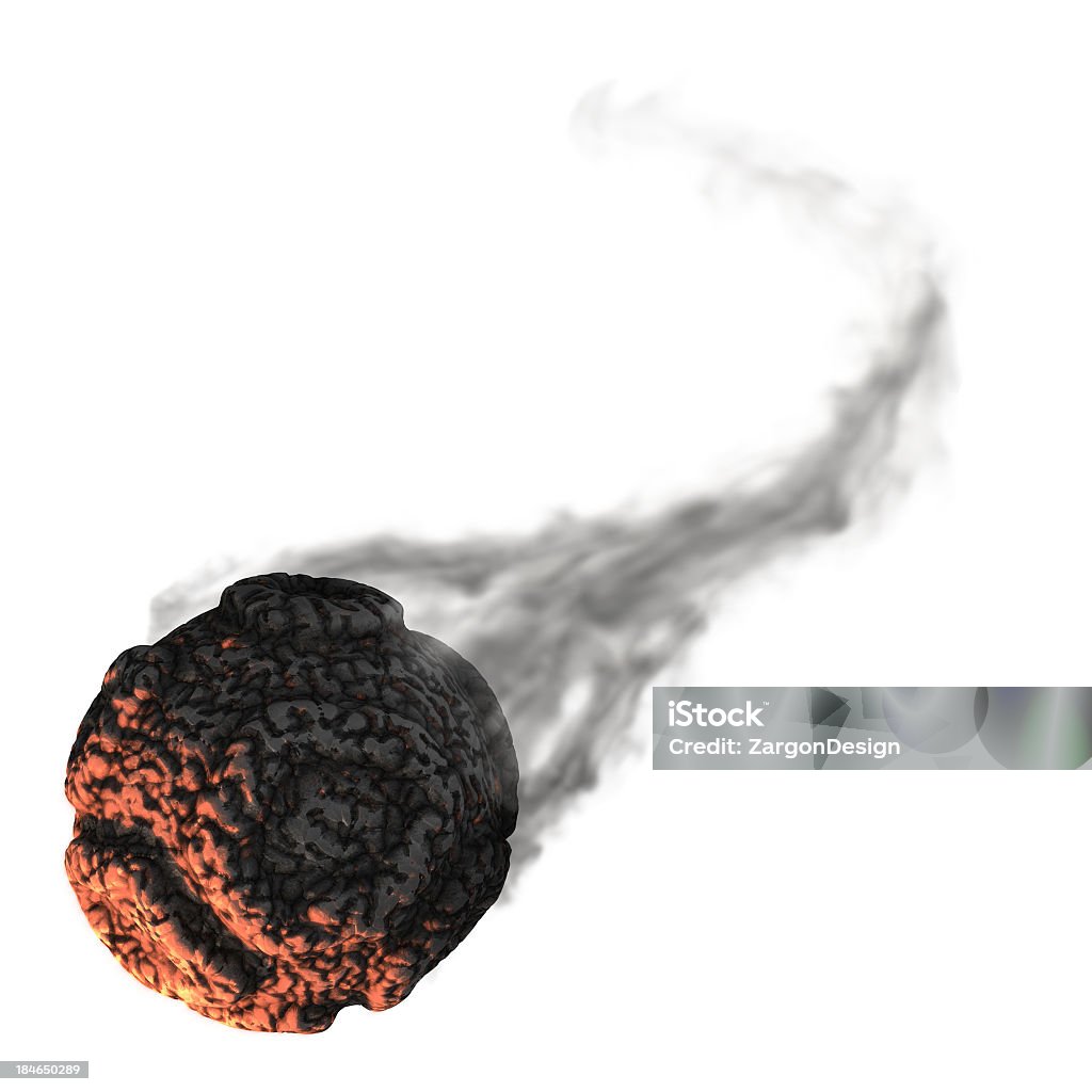 Image of a spherical meteor isolated on a white background Glowing hot meteor with smoke trail isolated on white.   Asteroid Stock Photo