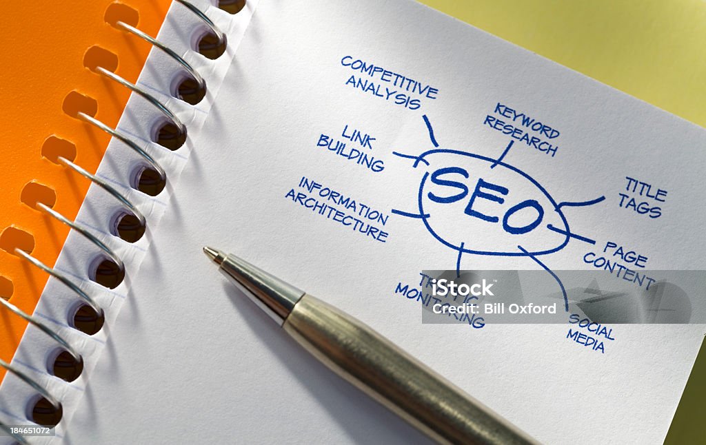 Search Engine Optimization Note pad with SEO diagram. Analyzing Stock Photo