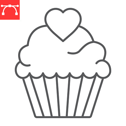Cupcake with heart line icon, valentines day and sweet, muffin vector icon, vector graphics, editable stroke outline sign, eps 10.