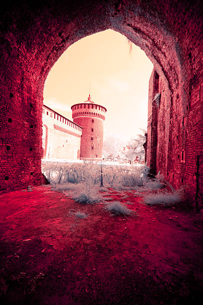 infrarosso vista del castello sforzesco - milan italy italy castello sforzesco color image foto e immagini stock