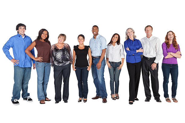 istock Happy Group of People Lined Up, Isolated on White 184652360