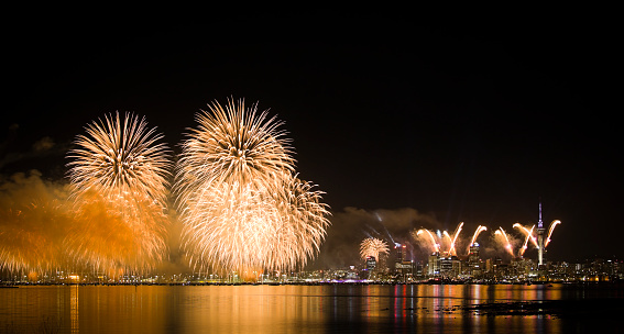 Auckland central fire works display at 2011 Rugby world cup opening.