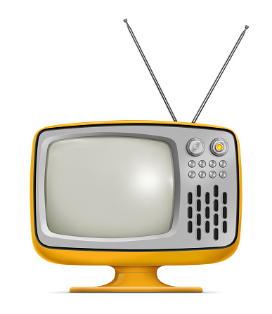 Stylish retro portable TV with blank screen. TV has a orange plastic body, metallic buttons and antenna. Isolated on white background.