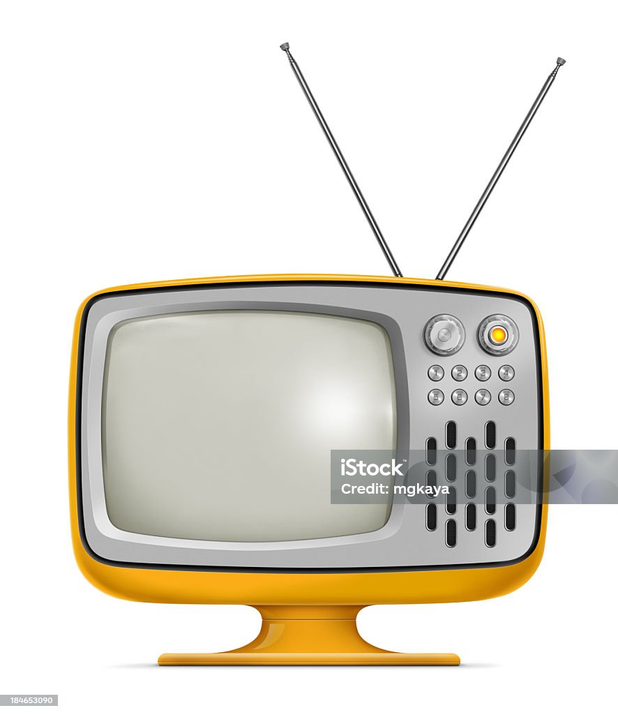 Art Deco style vintage television with yellow frames Stylish retro portable TV with blank screen. TV has a orange plastic body, metallic buttons and antenna. Isolated on white background. Television Set Stock Photo