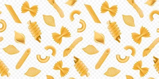 Vector illustration of Pasta pattern, penne and macaroni, noodle background. Italian food, retro kitchen texture for restaurant and product packaging, traditional cuisine production. Vector seamless design