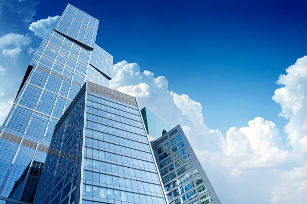 istock High modern skyscrapers over blue sky 184653800