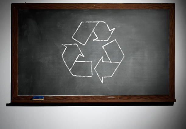 die schule-tafel mit kreide gezeichnet recycling symbol - blackboard sign ideas recycling stock-fotos und bilder