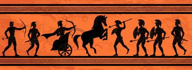 Vector illustration of Mythology battle. Greek ornament. Ancient mural. People civilization. Myth on ceramic amphora. Warrior or hunting in Athens. Men with bows and spears. Vector tidy culture background