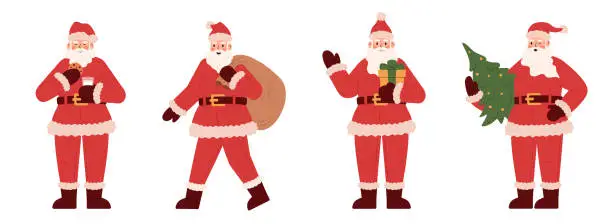 Vector illustration of Set with Santa Claus in different poses. Santa walks with a bag of gifts, holds a Christmas tree, eats cookies, holds a gift. Hand drawn character in simple flat style. Christmas and New Year character for stickers.