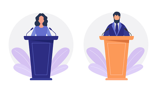 Speaker speaks to the public on the podium. A man and a woman stand on the podium. Vector illustration in a flat style. Isolated on a white background.