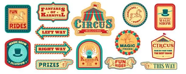 Vector illustration of Retro carnival emblems, circus logo, fair logo. Fun vintage show banners, welcome stickers, direction signboards, invite ribbon, festival celebration, stylized pointers. Vector graphic templates