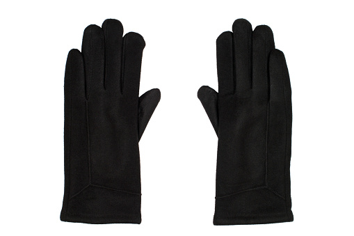 Black thread gloves isolated on white background. Warm gloves close-up.