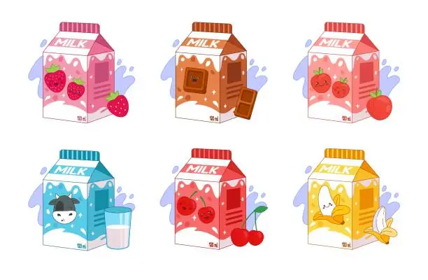 Vector illustration of Anime milk box. Fruit and berry juice packages. Kawaii Japanese characters. Adorable manga doodles for Asian food. Breakfast drink. Cardboard bottles set. Vector tidy cartoon illustration