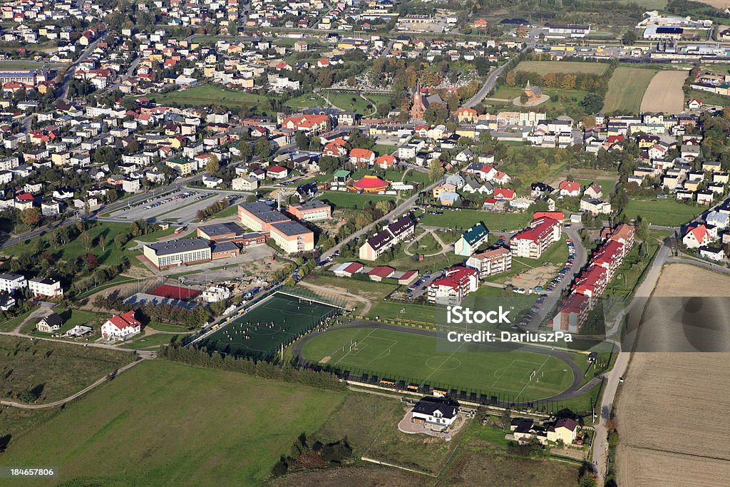 Aerial photo of small town Image is not edited. ROW converted to JPG file in Digital Photo Professional. Camera Canon 5D Mark II Above Stock Photo