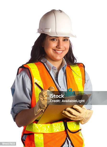 Foto de Construção Mulher Sorri e mais fotos de stock de Fundo Branco - Fundo Branco, Trabalhador de Construção, Entusiástico