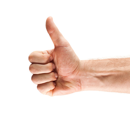 Men's hand make thumbs up isolated over white.