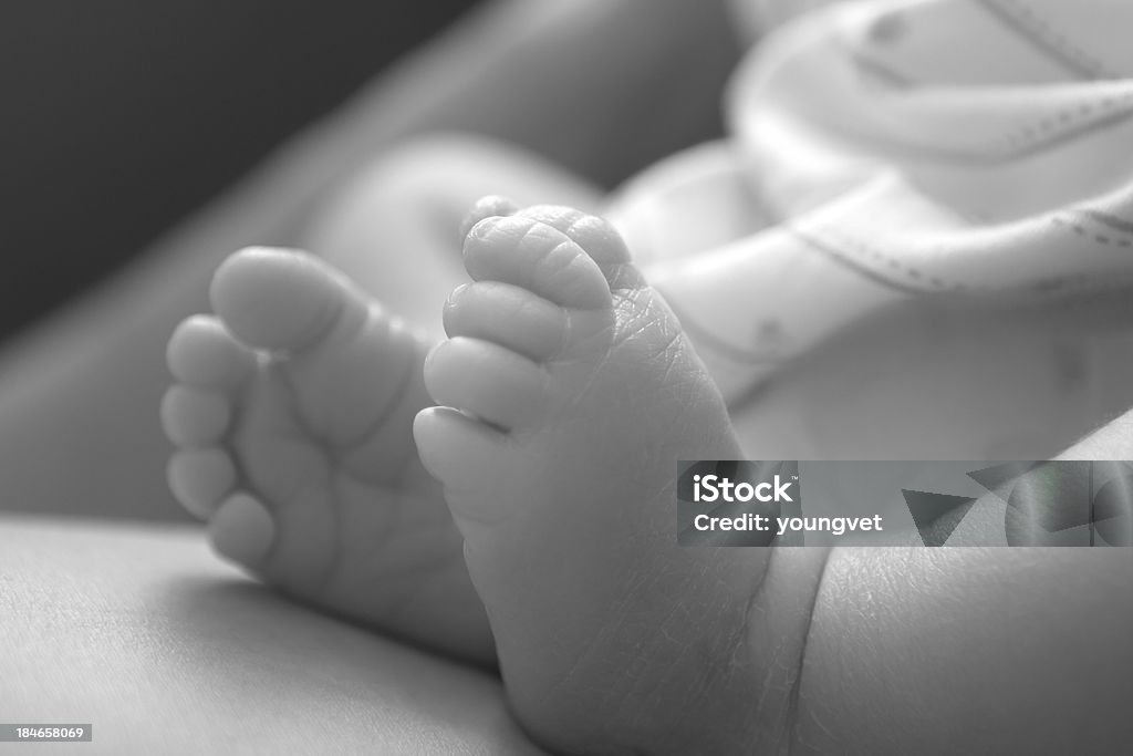 Baby feet Close-up of a 3 week old baby's feet resting on his mother's belly. Black and white image. Note: very narrow depth of field.See related images: 0-11 Months Stock Photo