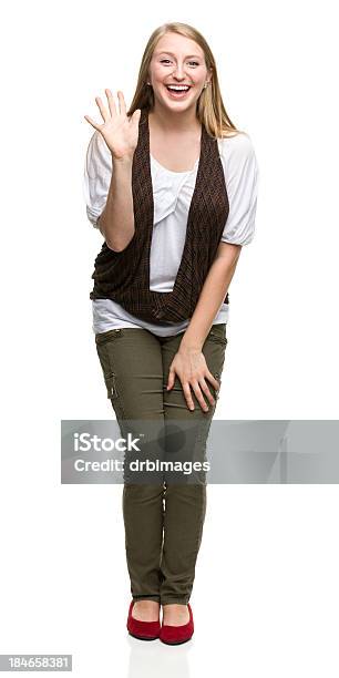 Excited Young Woman Waving Hello Stock Photo - Download Image Now - 18-19 Years, 20-24 Years, 20-29 Years