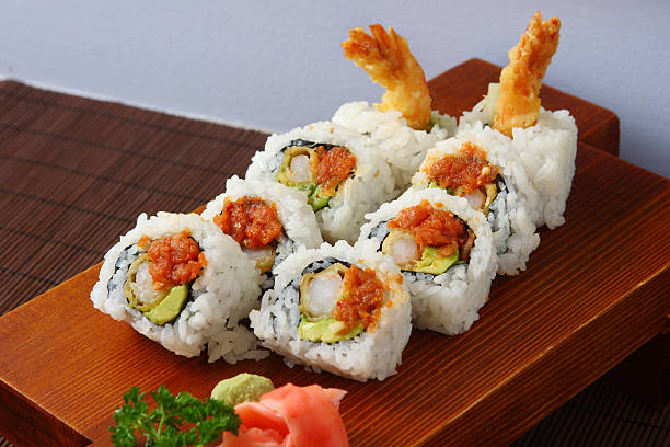 Shrimp Tempura Roll "Shrimp Tempura Roll with Spicy Tuna, Avocado" Tempura Prawns stock pictures, royalty-free photos & images