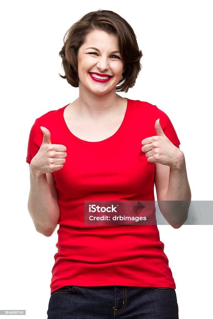 Happy Woman Gives Two Thumbs Up Portrait of a woman on a white background. http://s3.amazonaws.com/drbimages/m/ms.jpg Only Women Stock Photo