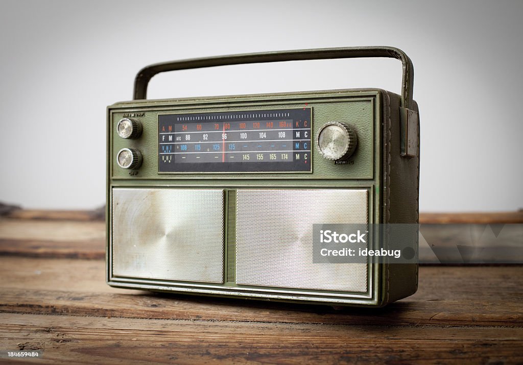 Vintage Green Portable Radio Sitting on Wood Table Close up slightly desaturated color photo of a vintage green portable radio sitting on a wood table. Radio Stock Photo
