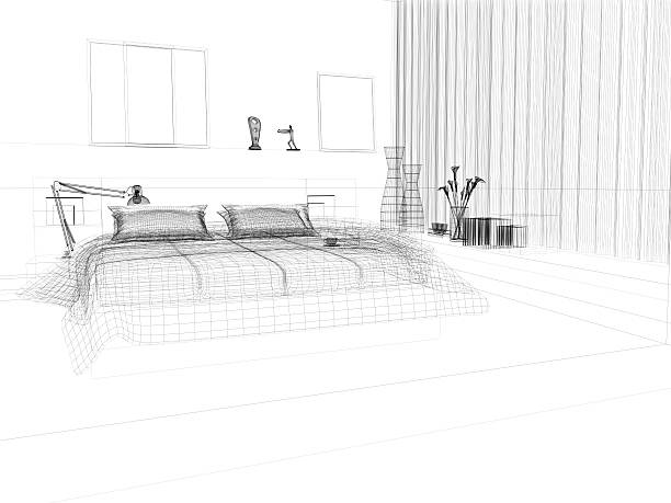 abstract architecture wire frame blueprint  bedroom 4 - interior objects handdrawn bildbanksfoton och bilder