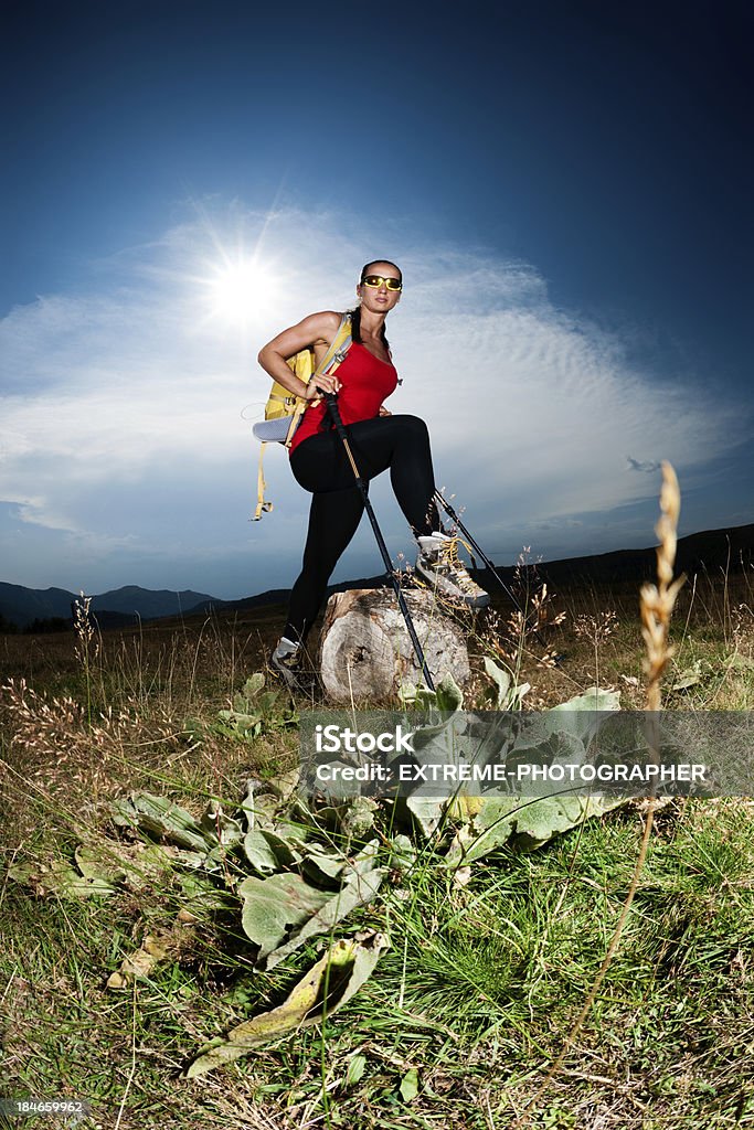 Hiker and a log Female hiker relaxing on the mountain track with one leg on the log. Active Lifestyle Stock Photo
