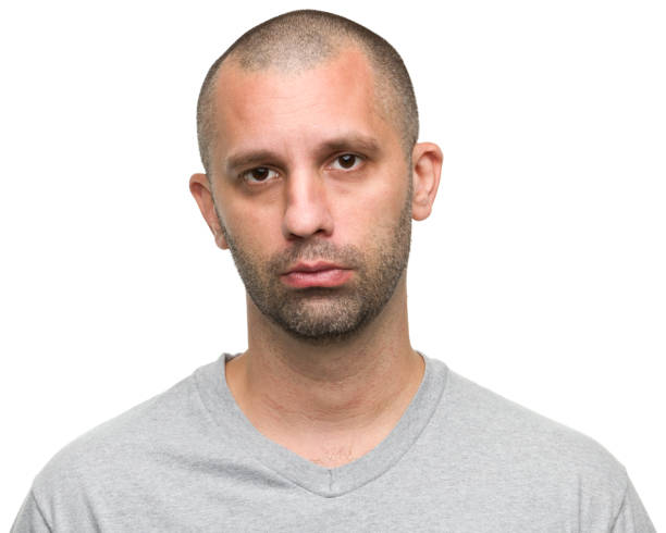 Bearded men with grey shirt on white background