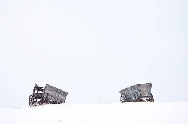 Two Pioneer Wagons A pair of old pioneer wagons abandoned on the plains. covered wagon horse cart snow winter stock pictures, royalty-free photos & images