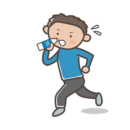 Illustration of a man drinking a sports drink to rehydrate while running