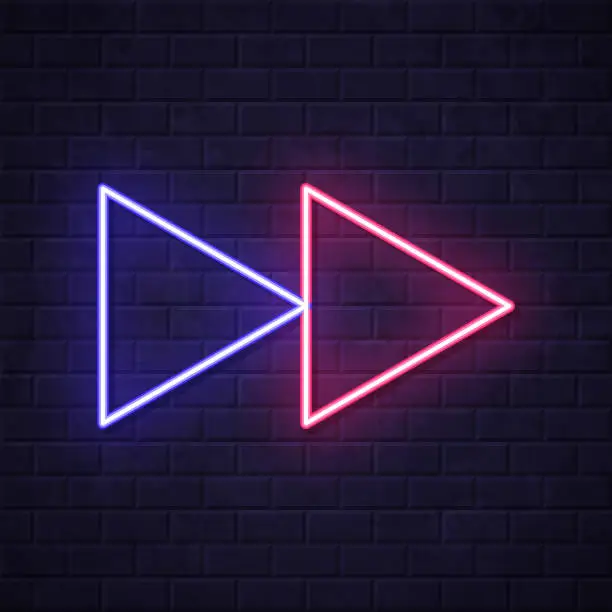 Vector illustration of Fast forward. Glowing neon icon on brick wall background