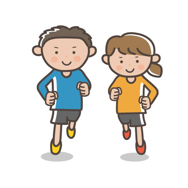 illustrations, cliparts, dessins animés et icônes de illustration d’un homme et d’une femme courant ensemble - vue de face - base runner