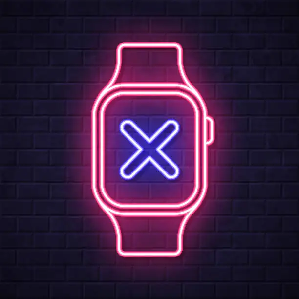 Vector illustration of Smartwatch with cross mark. Glowing neon icon on brick wall background