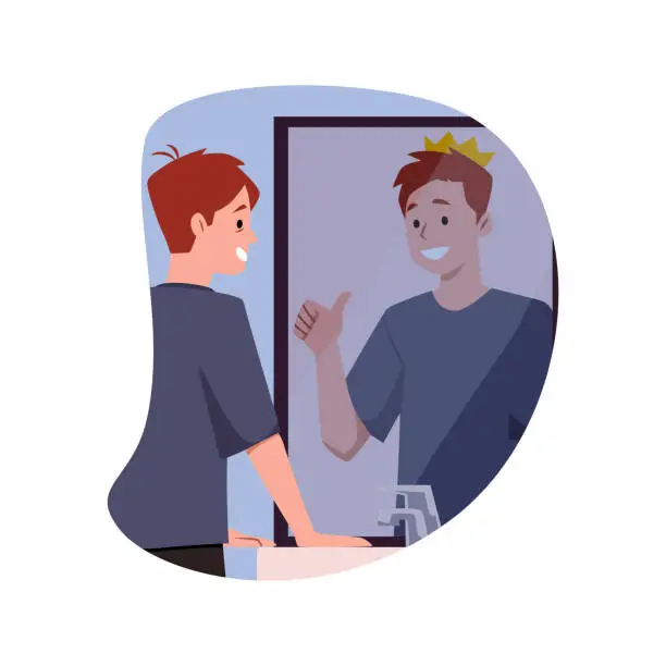 Vector illustration of Young happy man looking in the mirror and imagine, fake reflection is great king with crown, cartoon positive vector